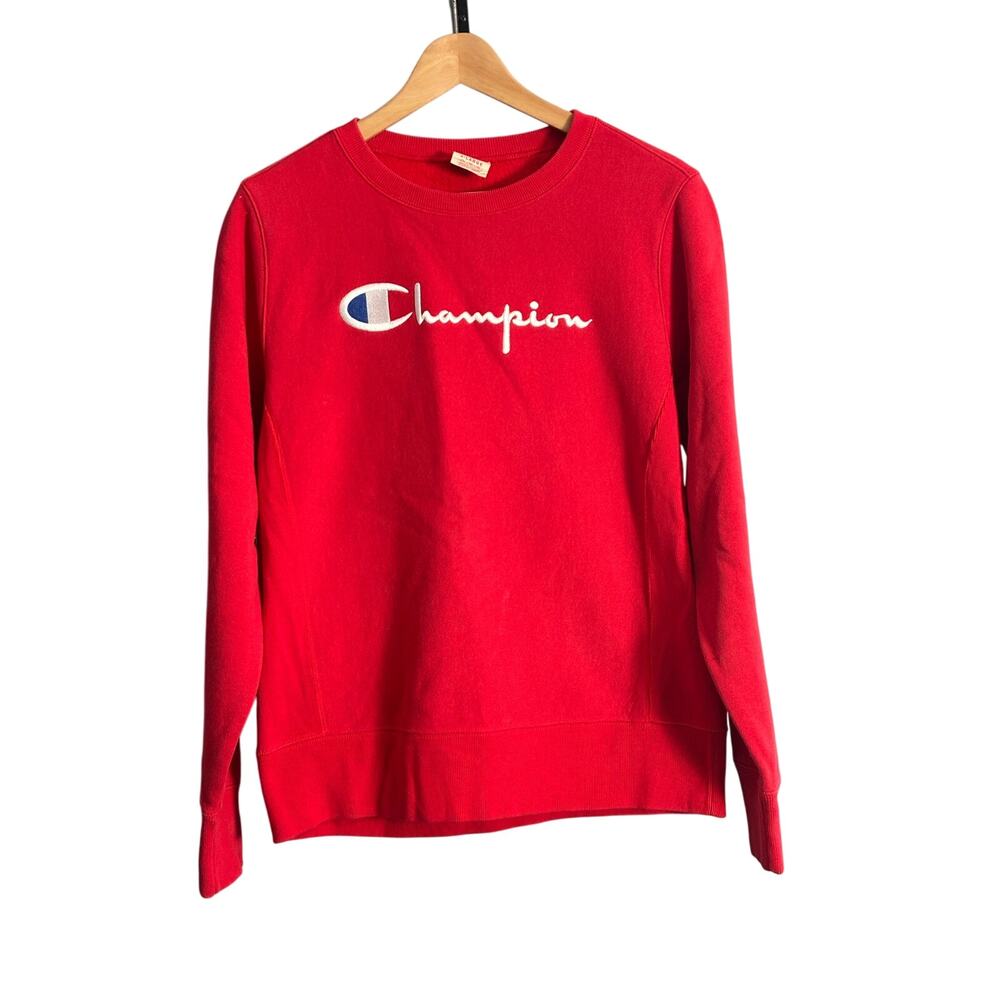 Champion Reverse Weave Warm Up Red Spellout
Crewneck Sweatshirt XL Vintage